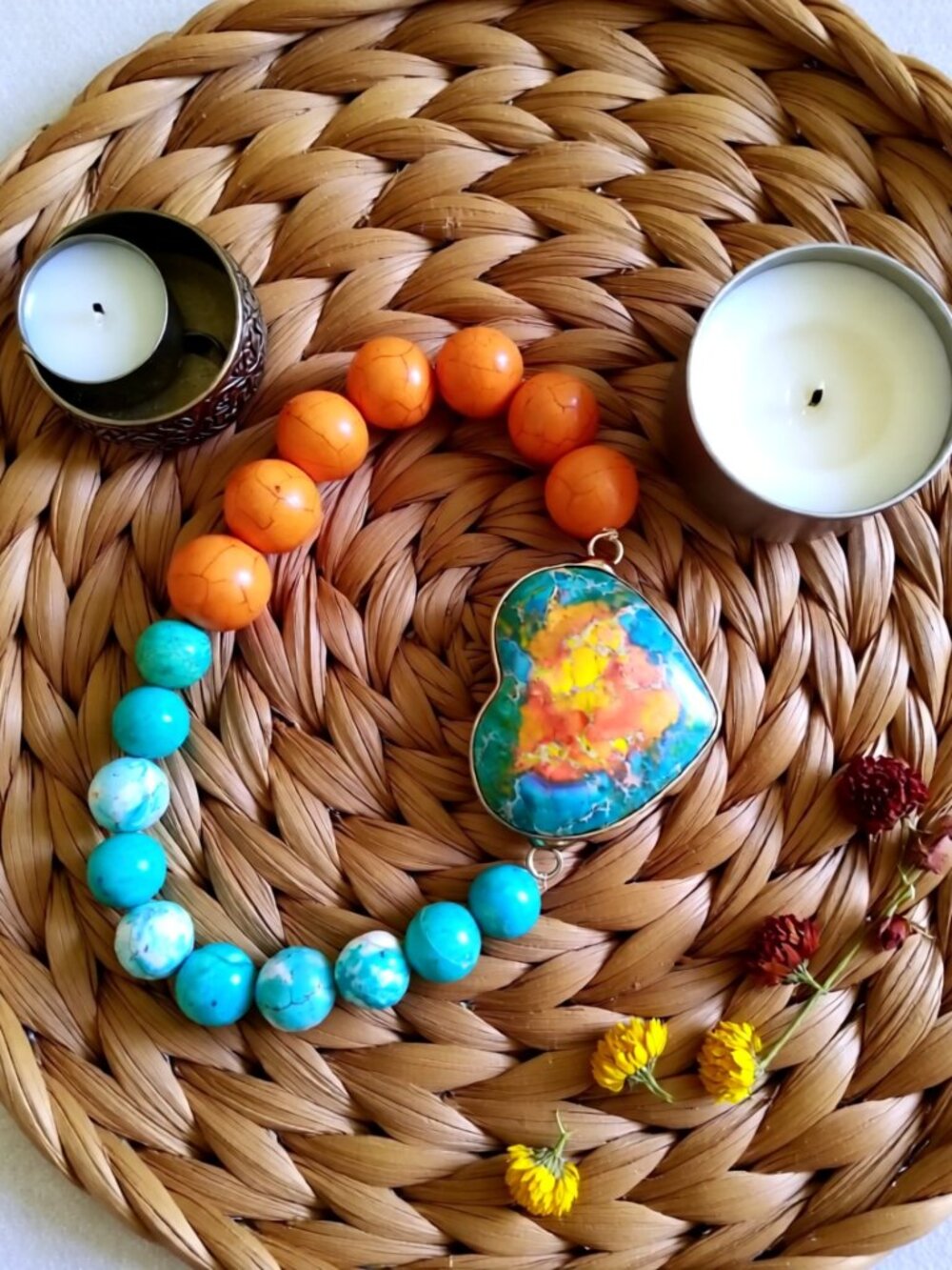Sunset Splash! OOAK Aqua Turquoise & Orange Sea Sediment Jasper Heart Bracelet